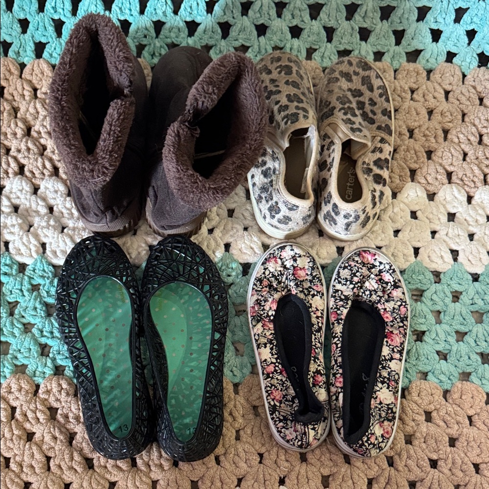 4pc Bundle Leopard Floral Jelly SlipperPrint Slip-On Boots Shoes Girls Sz 12 13